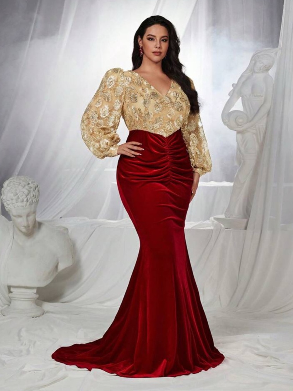 SHEIN Gold Sequin Puff Sleeve & Red Velvet Mermaid Gown
